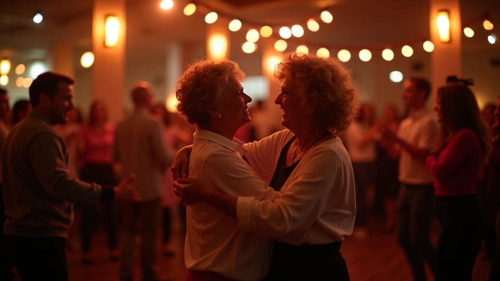 Adults dancing together at an indoor social event