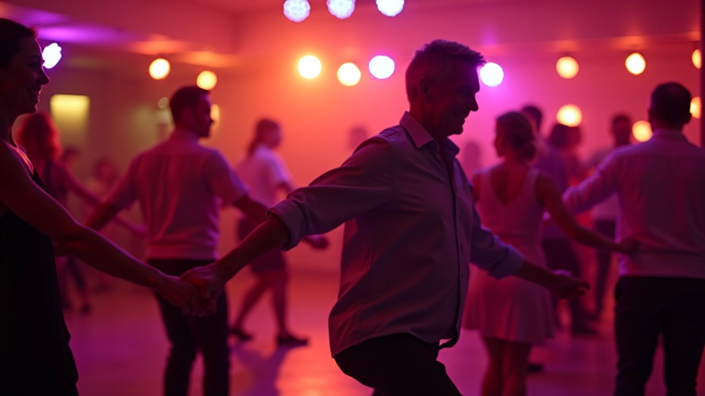 Interior of a vibrant Cork venue with dancers on the floor, colorful lighting, and a welcoming atmosphere for evening social dancing