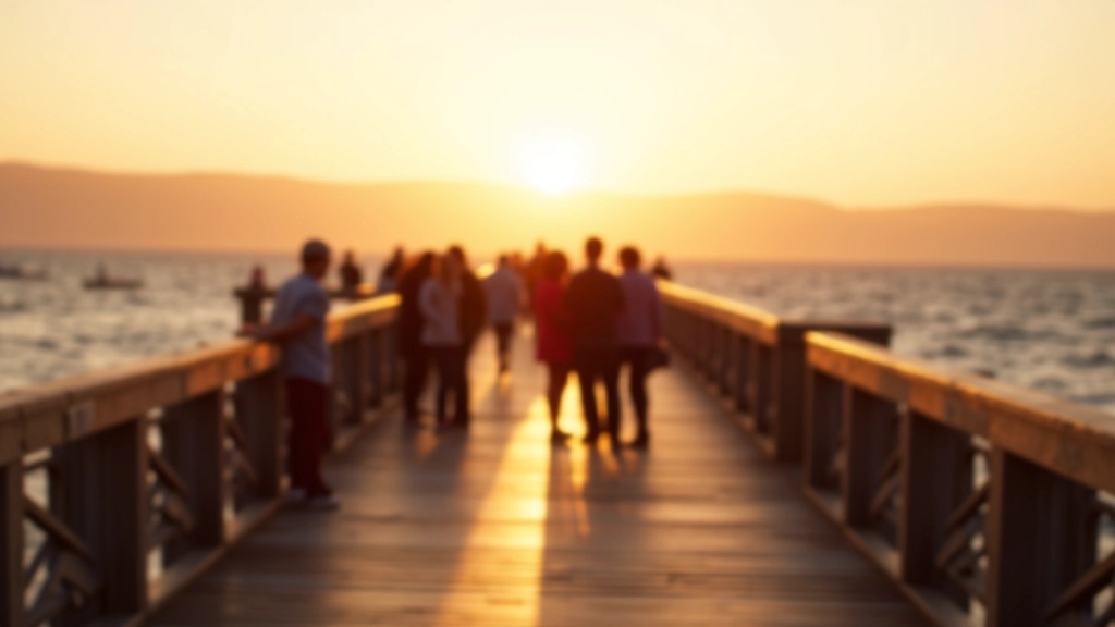Golden hour light on coastal pier with wooden railings and people in casual dance attire gathering near the water