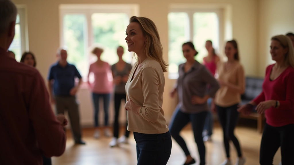 Dance guide instructing a group at a community dance lesson
