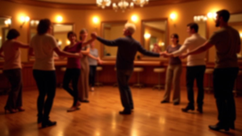 Dance venue interior with warm lighting, wooden floors, and mature adults dancing together