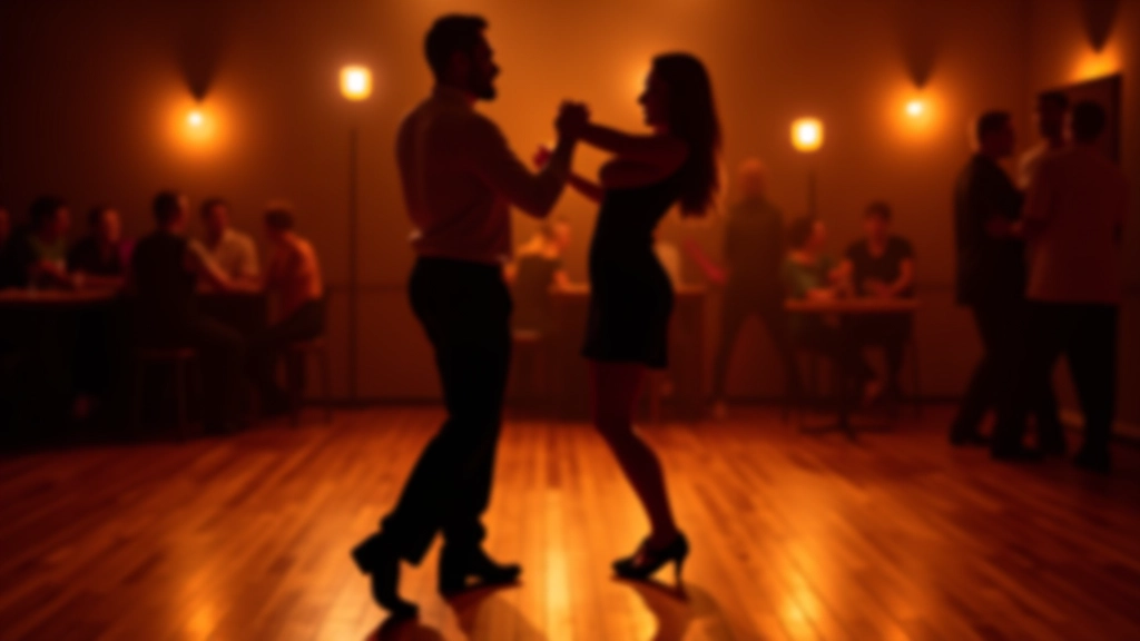 Close-up of dancers' feet on wooden dance floor during a kizomba performance, showing smooth hip movement and footwork