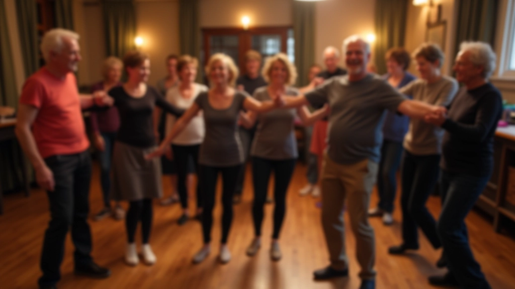 Diverse group of mature dancers in a circle at a Dublin dance social, clapping and encouraging each other