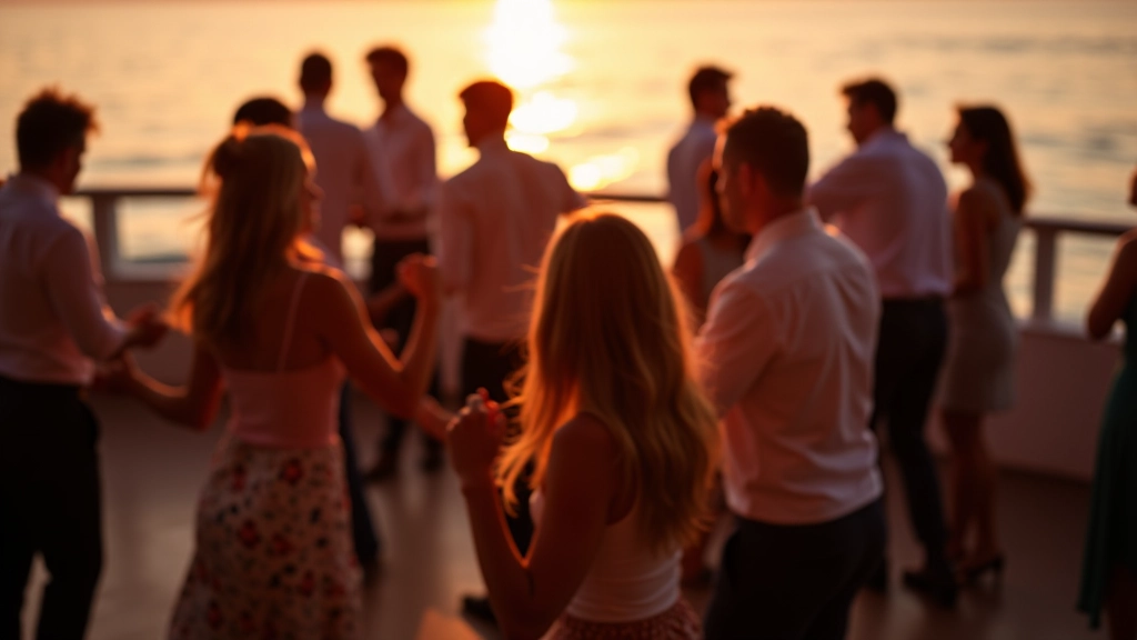 Group of mature adults aged 45-65 dancing kizomba together at a coastal venue with ocean view in background, warm evening light