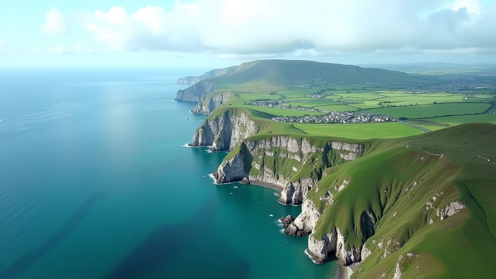 Aerial view of Irish coastal towns with winding roads and waterfront, showing the scenic geography where dance communities connect