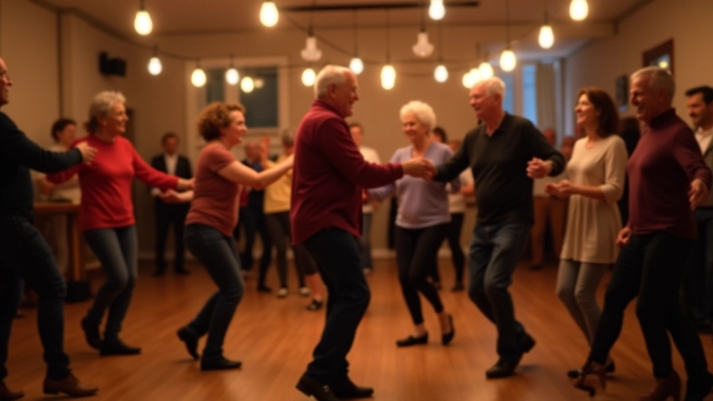 Group of mature adults dancing together in a warm, welcoming dance studio with wooden floors and soft lighting