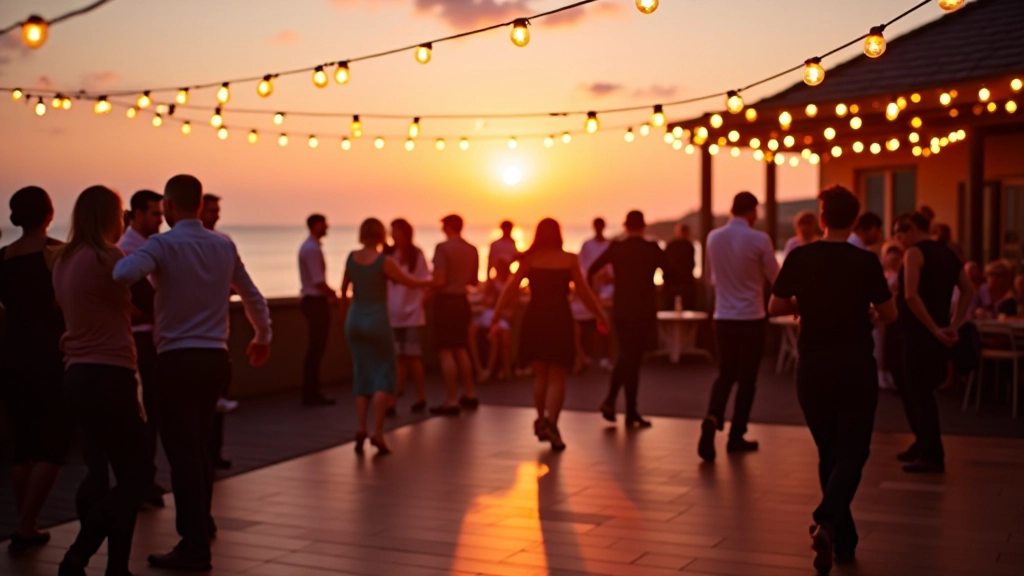 Evening dance gathering with warm lighting at an Irish coastal location